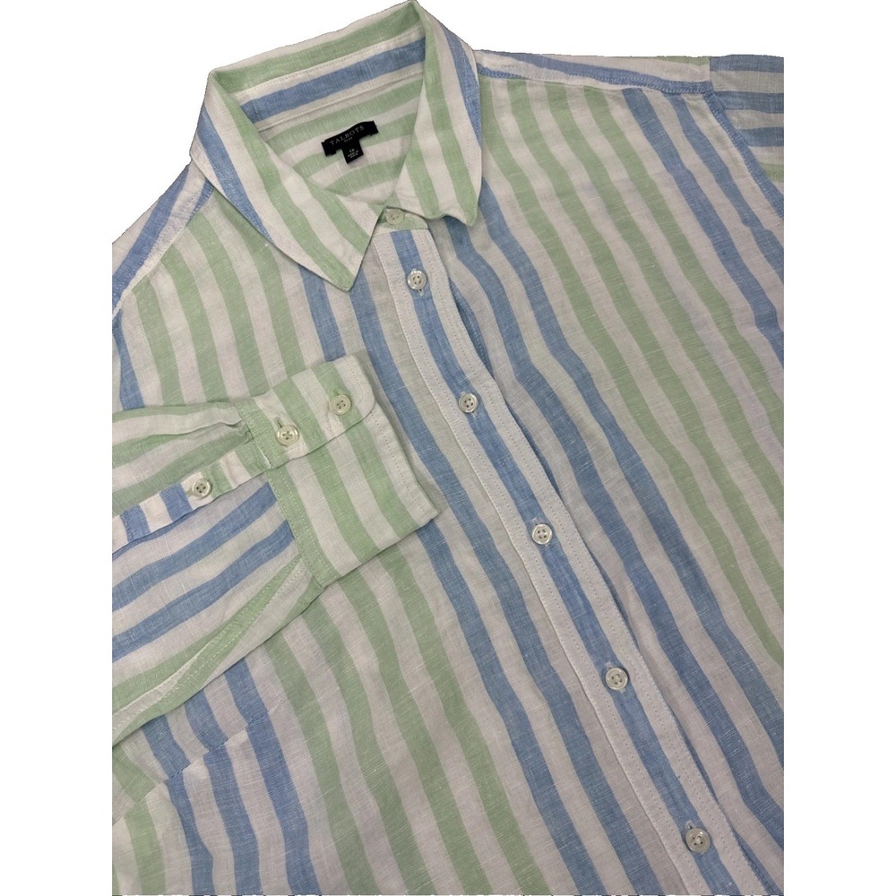 Talbots Plus Shirt Women's 1X 100% Linen Blue Green Stripe Long Sleeve Casual